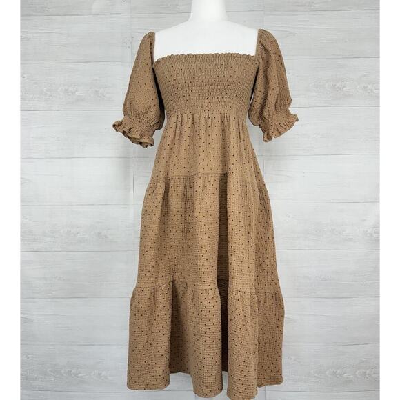 OPT Tiered Babydoll Midi Dress M Puff Sleeve Square Neck Smocked Polka Dot Gauze - Picture 13 of 13